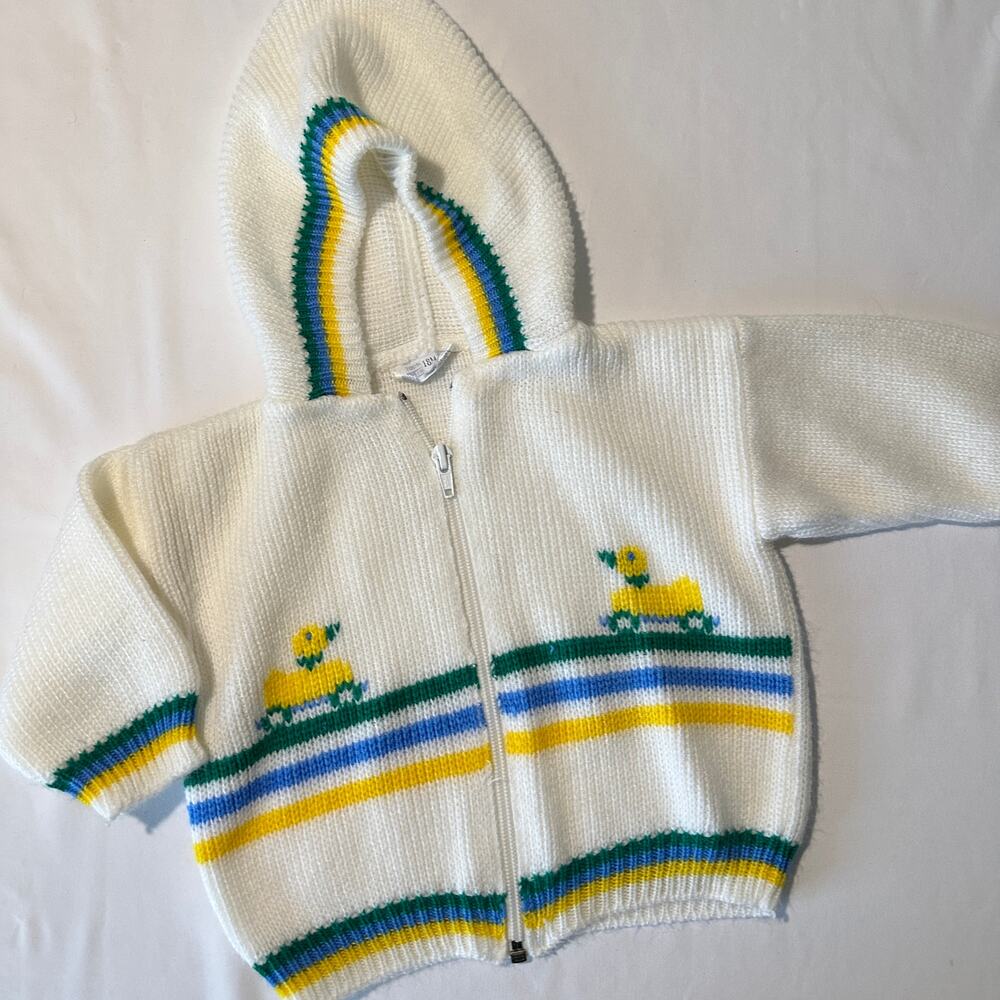 Vintage 90s Rubber Duck Gender Neutral Knitted Zip Up Hooded Sweater Jacket 18mo